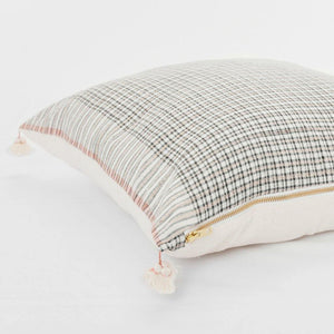 Handwoven Textile by Ginger Sparrow, a modern home decor brand. Featuring a fawn and indigo checkered weave. Light and airy its perfect for #throwpillows #drapes #livingroomdecor #bedroomideas
