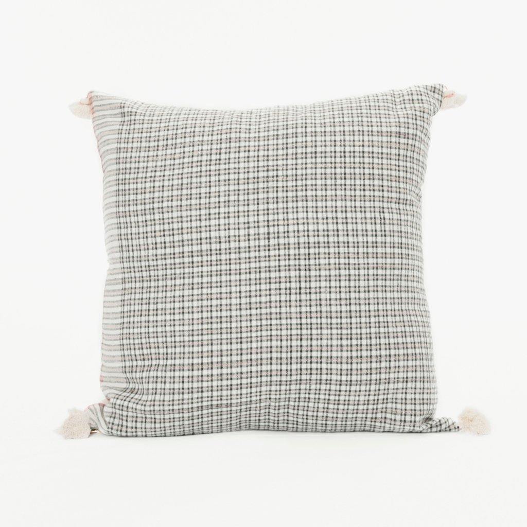 A soft ivory pillow in 18x18 inch size featuring a fawn and indigo checkered weave. Handcrafted by Ginger Sparrow, a modern home decor brand. 