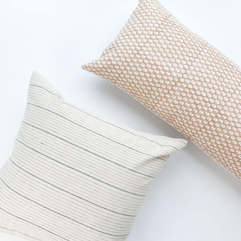 Hand block printed Textile by Ginger Sparrow, a modern home decor brand. Featuring a delicate floral pattern in three color options - olive grey, tan and pale blue. Light and airy its perfect for #throwpillows #drapes #livingroomdecor #bedroomideas #upholsteryfabric #fabricbytheyard