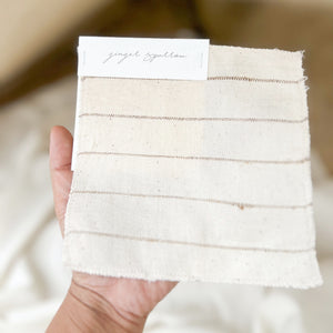 Handwoven Textile by Ginger Sparrow, a modern home decor brand. Featuring a soft ivory ground with fawn colored striped weave. Light and airy its perfect for #windowshades #drapes #livingroomdecor #bedroomideas